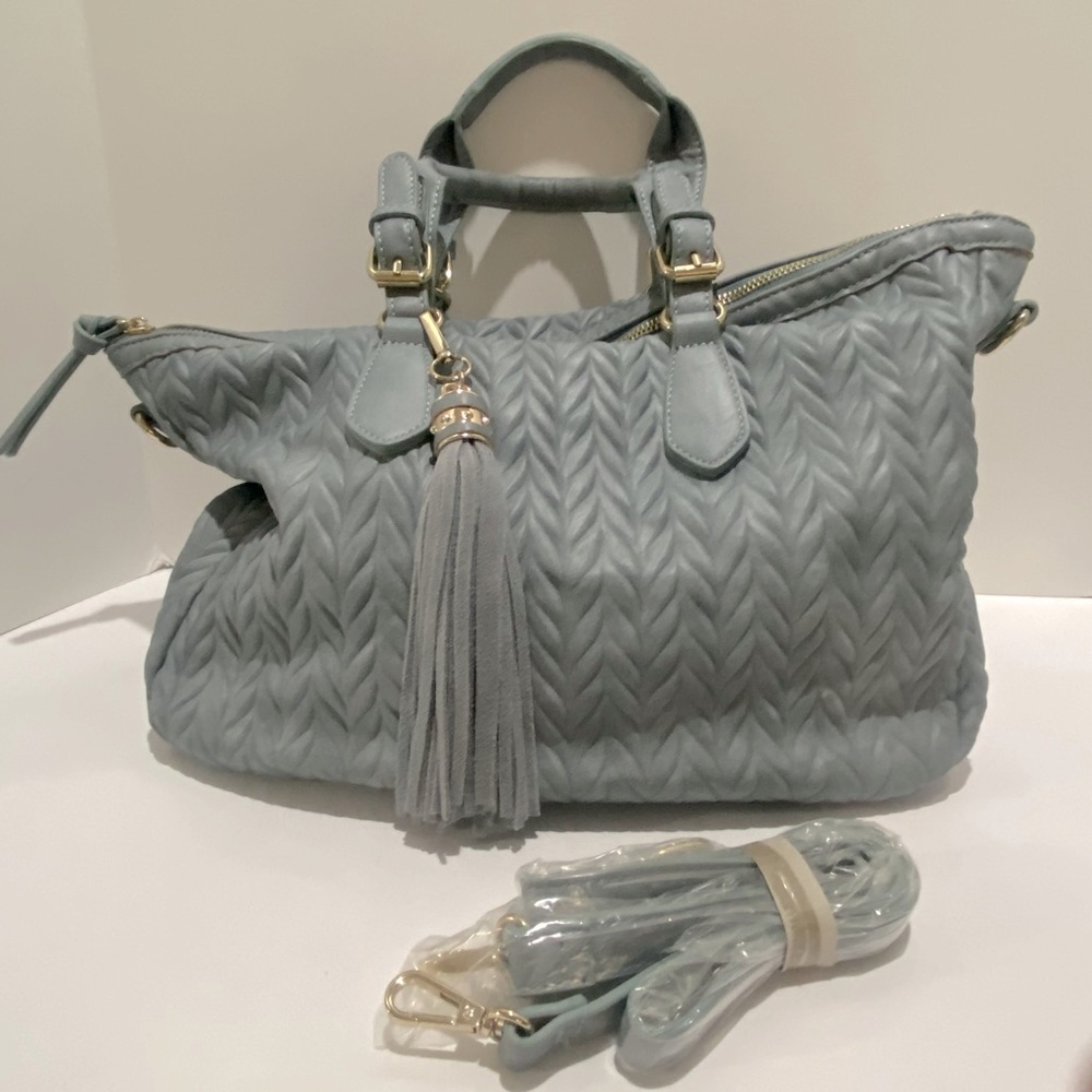 Moda Luxe Blue Cable Sweater Design Satchel Bag Tassel & Strap Vegan NWOT